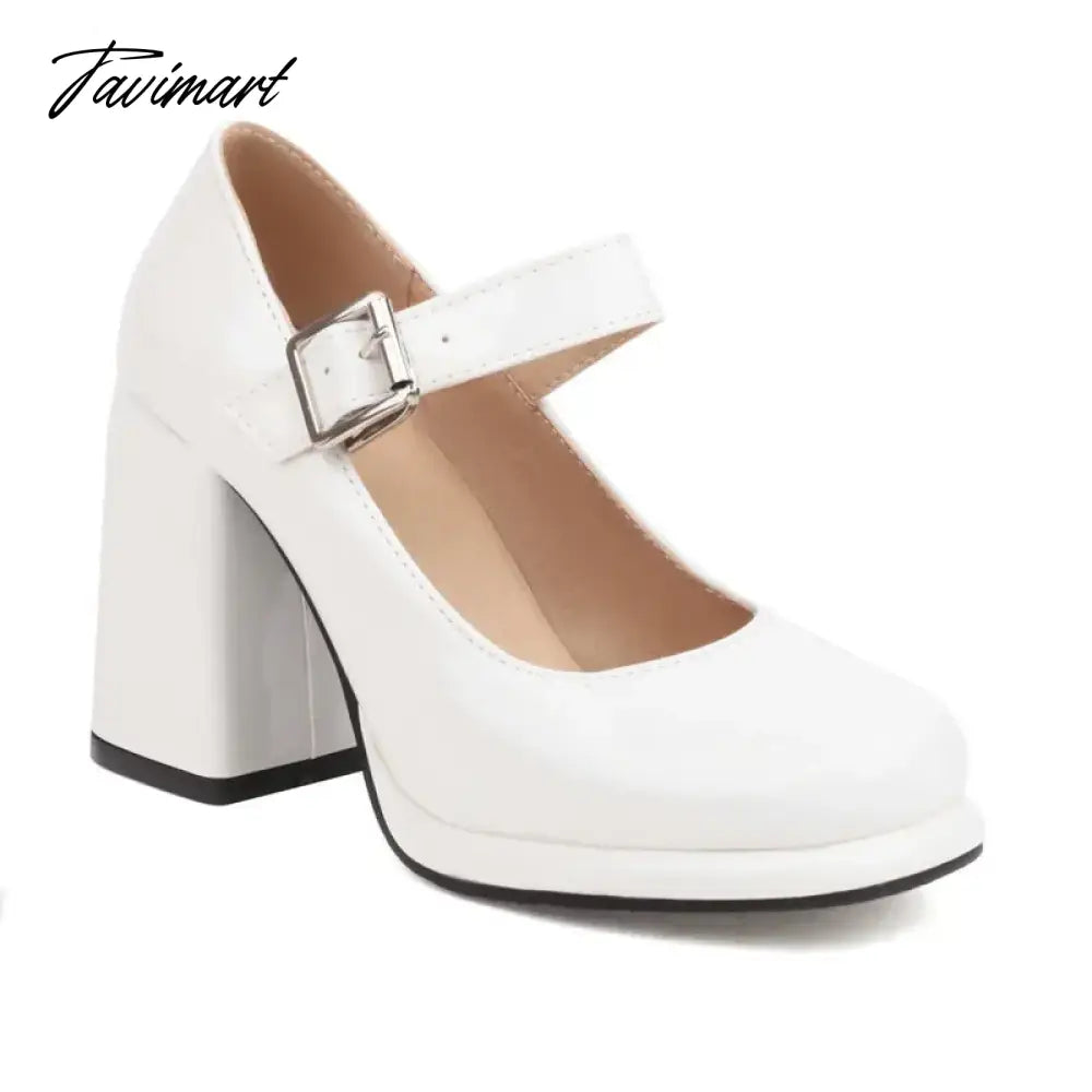 PU Patent Leather Solid Black White Closed Toe Women's Shoes Wide Buckle Strap Chunky High Heels For Woman Mary Janes Bride Shoe