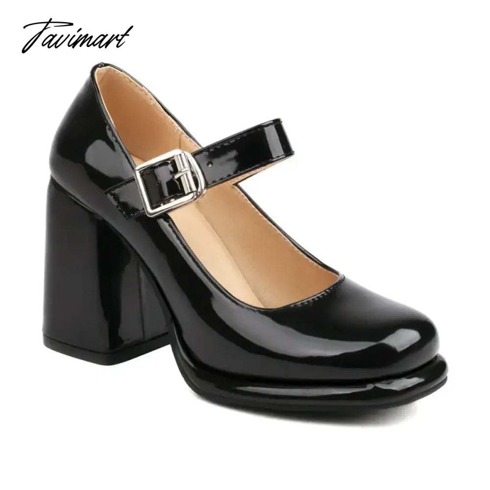 PU Patent Leather Solid Black White Closed Toe Women's Shoes Wide Buckle Strap Chunky High Heels For Woman Mary Janes Bride Shoe