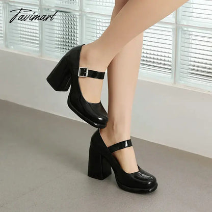 PU Patent Leather Solid Black White Closed Toe Women's Shoes Wide Buckle Strap Chunky High Heels For Woman Mary Janes Bride Shoe