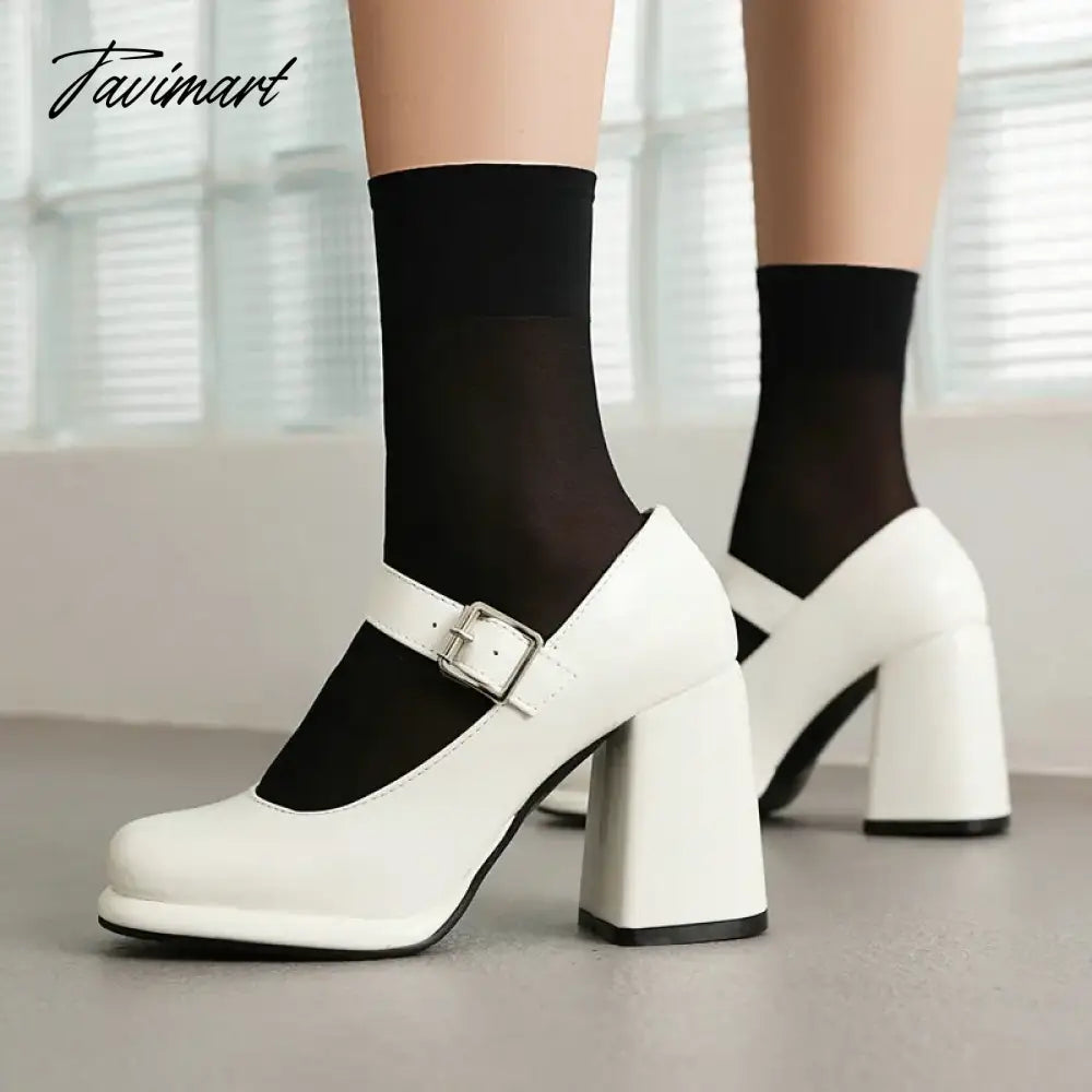 PU Patent Leather Solid Black White Closed Toe Women's Shoes Wide Buckle Strap Chunky High Heels For Woman Mary Janes Bride Shoe
