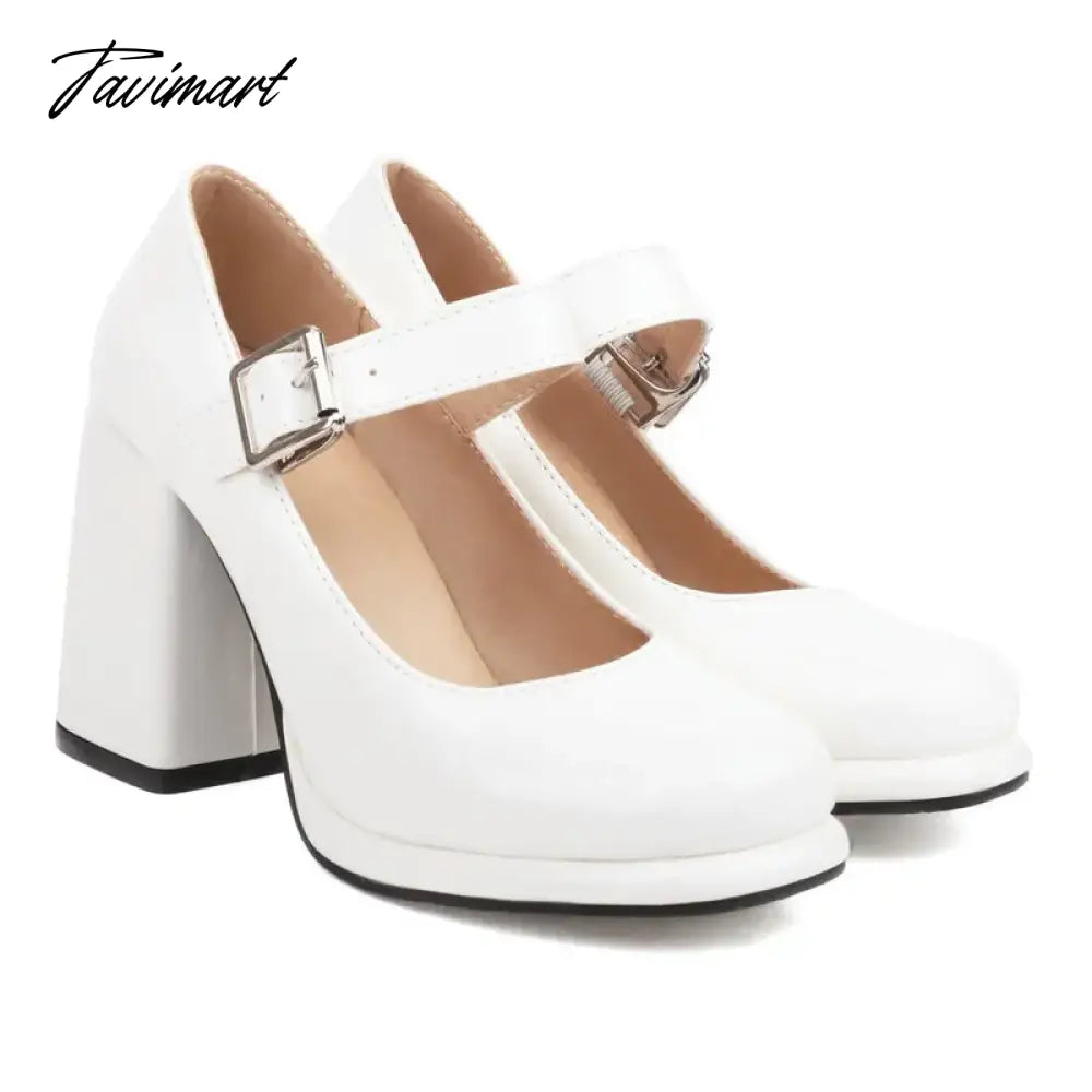 PU Patent Leather Solid Black White Closed Toe Women's Shoes Wide Buckle Strap Chunky High Heels For Woman Mary Janes Bride Shoe