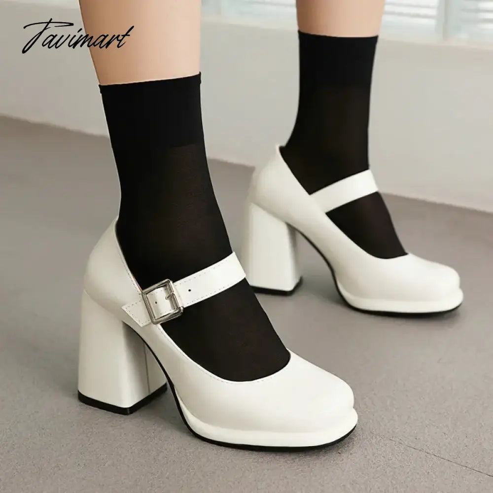 PU Patent Leather Solid Black White Closed Toe Women's Shoes Wide Buckle Strap Chunky High Heels For Woman Mary Janes Bride Shoe