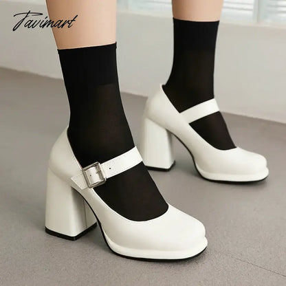 PU Patent Leather Solid Black White Closed Toe Women's Shoes Wide Buckle Strap Chunky High Heels For Woman Mary Janes Bride Shoe