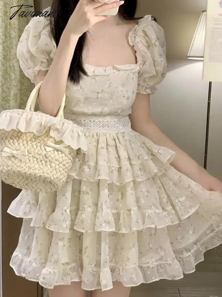 Puff Sleeve Causal Sweet Dress Women Ruffles French Vintage Party Mini Dress Female Holiday Bow Cute Korean Fashion Dress