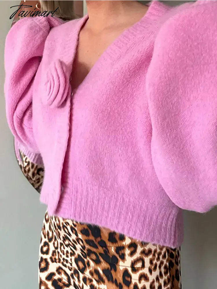 Purple Solid V Neck 3d Flower Knit Cardigan Fo Women Chic Casual Long Sleeve Cropped Jumper Sweater 2024 Spring Street Knitwear