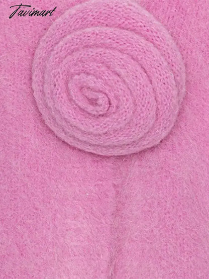 Purple Solid V Neck 3d Flower Knit Cardigan Fo Women Chic Casual Long Sleeve Cropped Jumper Sweater 2024 Spring Street Knitwear