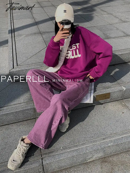 Purple Summer Woman's Jeans High Waist Denim Trouser Baggy Design Ladies Streetwear Vintage Wide Leg Straight Loose Jean Pants