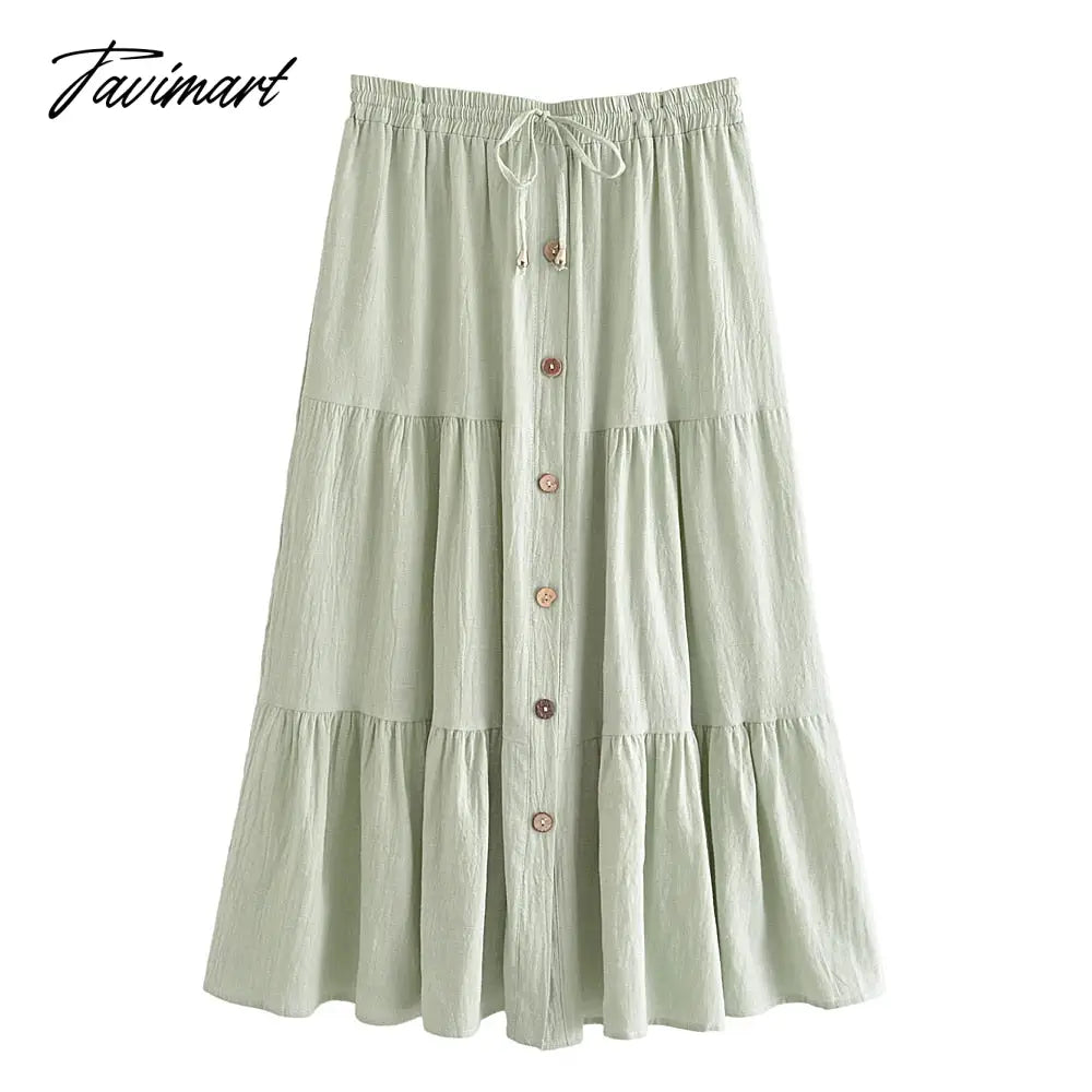 Queens Fashion Women Cotton Beach Bohemian Pleated Skirt High Elastic Waist Button A-Line Boho Maxi Skirts Femme