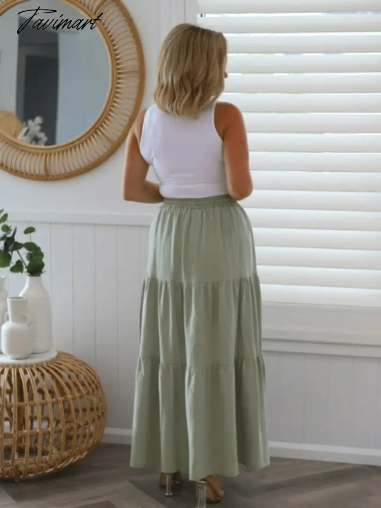 Queens Fashion Women Cotton Beach Bohemian Pleated Skirt High Elastic Waist Button A-Line Boho Maxi Skirts Femme