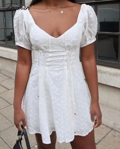 Queens Woman White Sexy Off Shoulder Lace Cotton Patch Mini Dress Ladies Short Sleeve Lace-up Vestidos