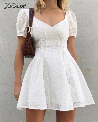 Queens Woman White Sexy Off Shoulder Lace Cotton Patch Mini Dress Ladies Short Sleeve Lace-up Vestidos