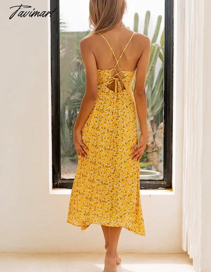 Queens Women Yellow Floral Print Sleeveless Beach Bohemian Rayon Dresses Ladies Summer Spaghetti Strap Boho Midi Dress
