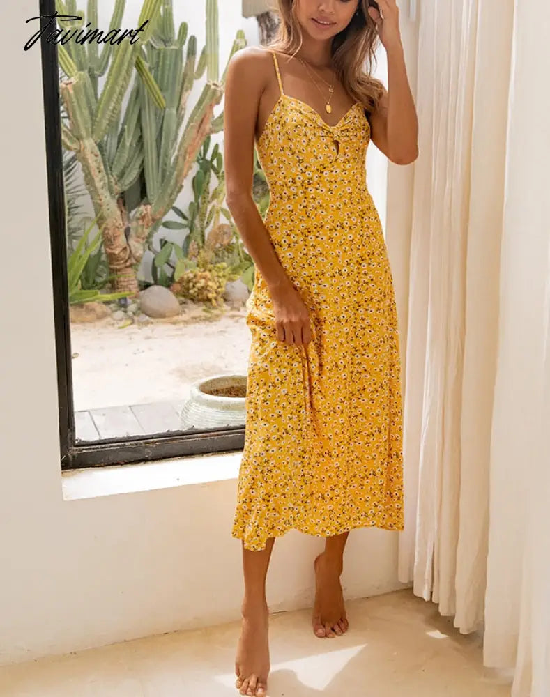 Queens Women Yellow Floral Print Sleeveless Beach Bohemian Rayon Dresses Ladies Summer Spaghetti Strap Boho Midi Dress