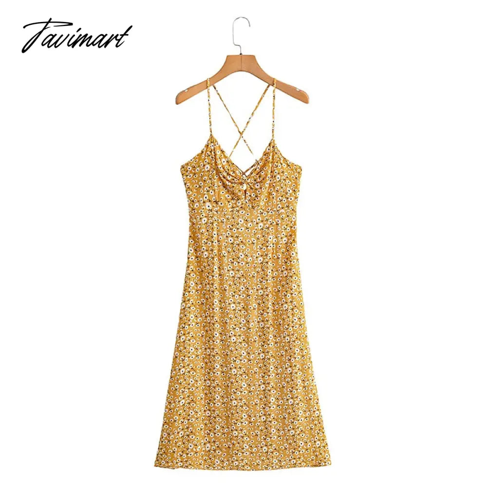 Queens Women Yellow Floral Print Sleeveless Beach Bohemian Rayon Dresses Ladies Summer Spaghetti Strap Boho Midi Dress