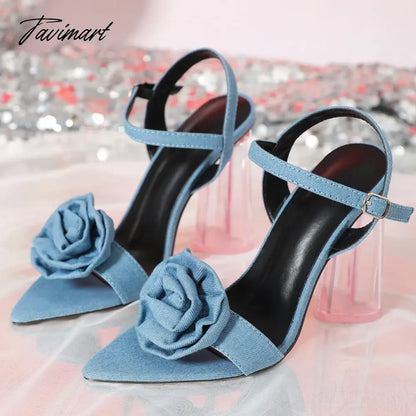 Ransparent Heart Heel High Heeled Sandals Pointed Toe Flower Decoration Metal Buckle Women Pumps Wedding Party Shoes