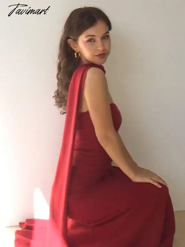 Red Knit Sleeveless Stapless Slim Fit Long Dress Women Elegant Sexy High Waist Backless Dresses Autumn Chic Party Knitwear