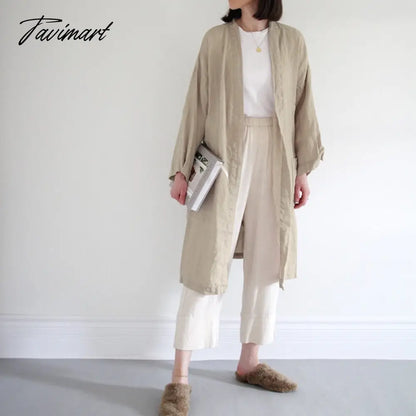 Retro 100% Linen Women'S Coats Casual Loose Long Sleeve Trench Coat Japanese Korean Overcoat Female Cardigan Jackets Abrigos