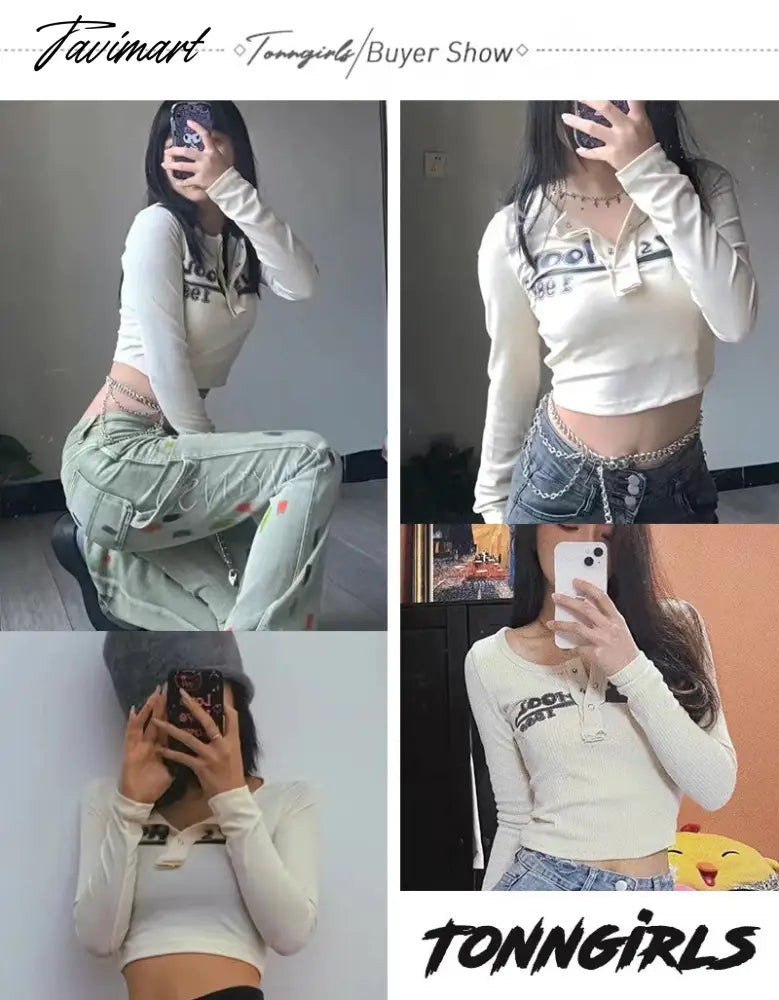 Retro Graffiti Print Elastic T Shirt Women Sexy Slim Crop Top Ribbed Long Sleeve O-neck Tops Grunge Tee Tops Korean