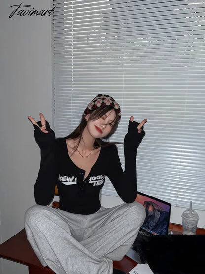 Retro Graffiti Print Elastic T Shirt Women Sexy Slim Crop Top Ribbed Long Sleeve O-neck Tops Grunge Tee Tops Korean