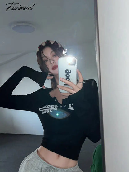 Retro Graffiti Print Elastic T Shirt Women Sexy Slim Crop Top Ribbed Long Sleeve O-neck Tops Grunge Tee Tops Korean