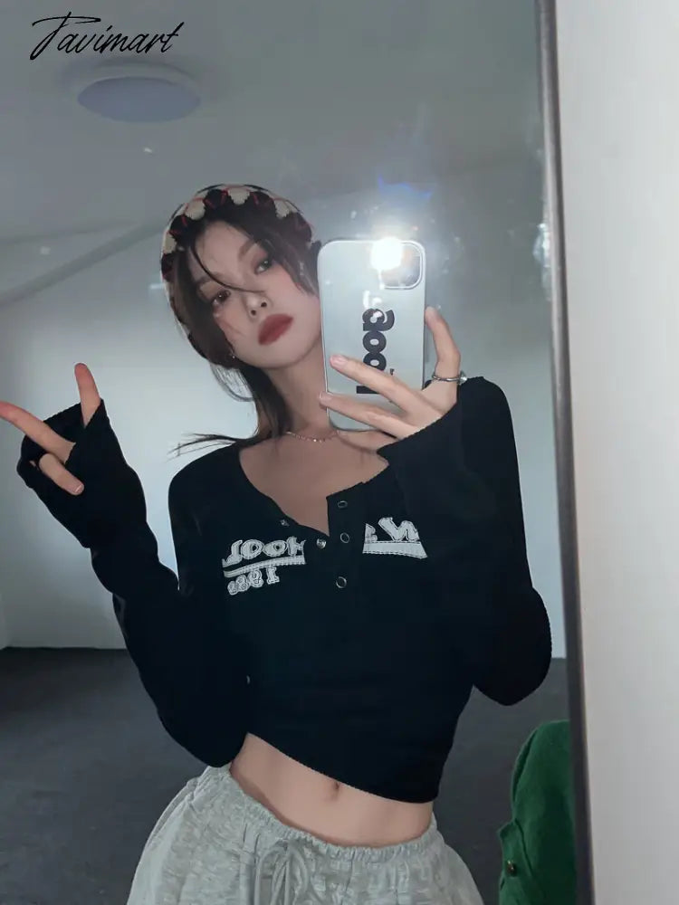 Retro Graffiti Print Elastic T Shirt Women Sexy Slim Crop Top Ribbed Long Sleeve O-neck Tops Grunge Tee Tops Korean