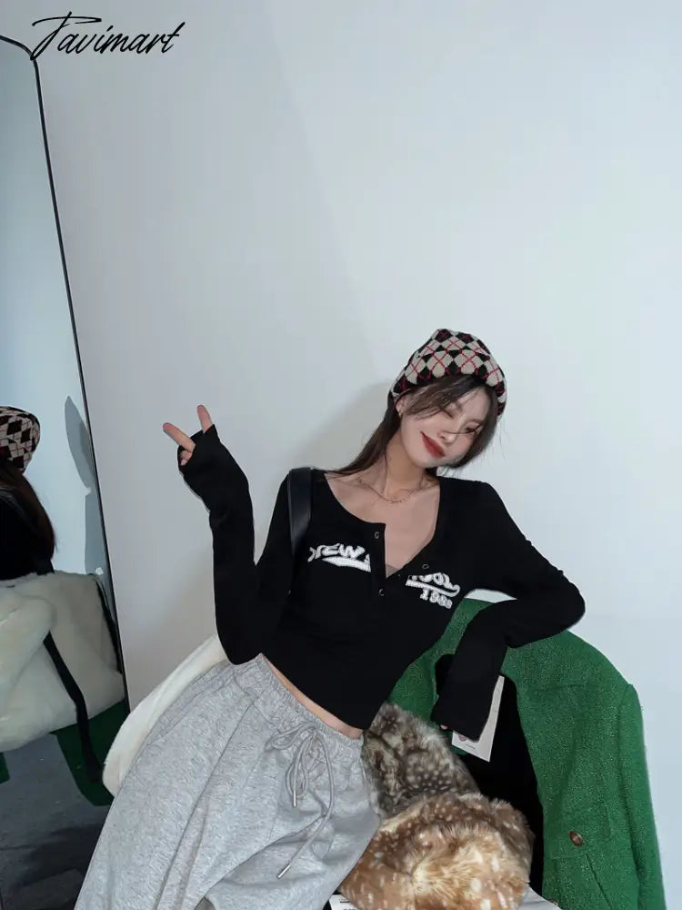 Retro Graffiti Print Elastic T Shirt Women Sexy Slim Crop Top Ribbed Long Sleeve O-neck Tops Grunge Tee Tops Korean