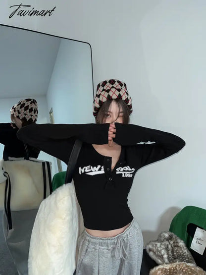 Retro Graffiti Print Elastic T Shirt Women Sexy Slim Crop Top Ribbed Long Sleeve O-neck Tops Grunge Tee Tops Korean