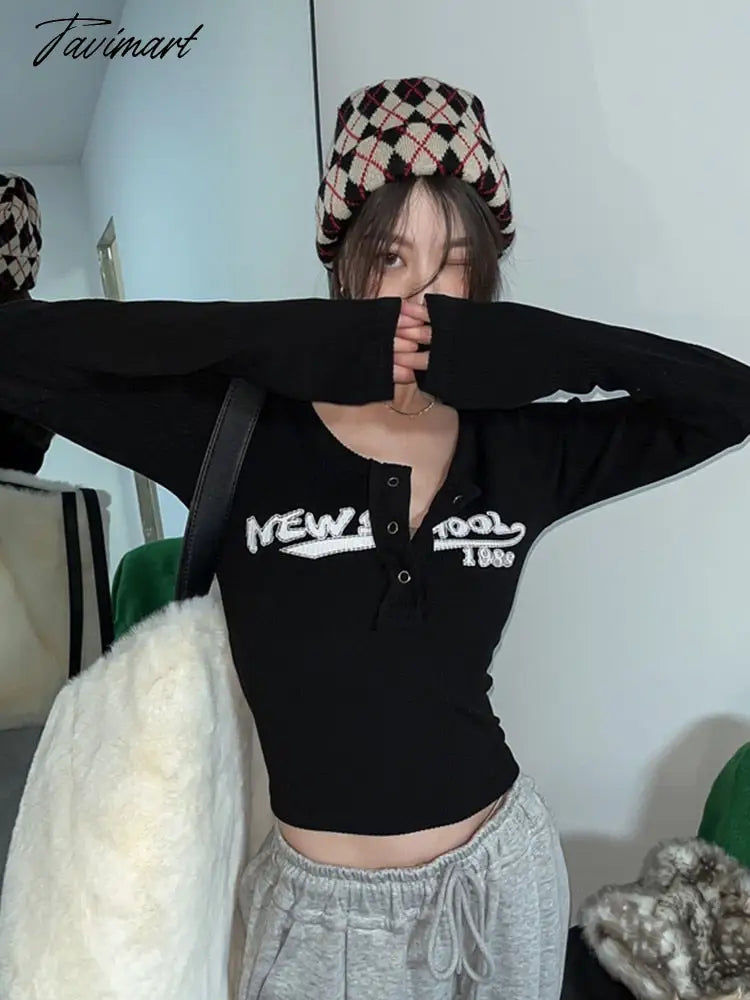 Retro Graffiti Print Elastic T Shirt Women Sexy Slim Crop Top Ribbed Long Sleeve O-neck Tops Grunge Tee Tops Korean