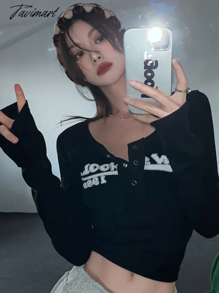 Retro Graffiti Print Elastic T Shirt Women Sexy Slim Crop Top Ribbed Long Sleeve O-neck Tops Grunge Tee Tops Korean