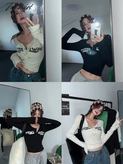 Retro Graffiti Print Elastic T Shirt Women Sexy Slim Crop Top Ribbed Long Sleeve O-neck Tops Grunge Tee Tops Korean