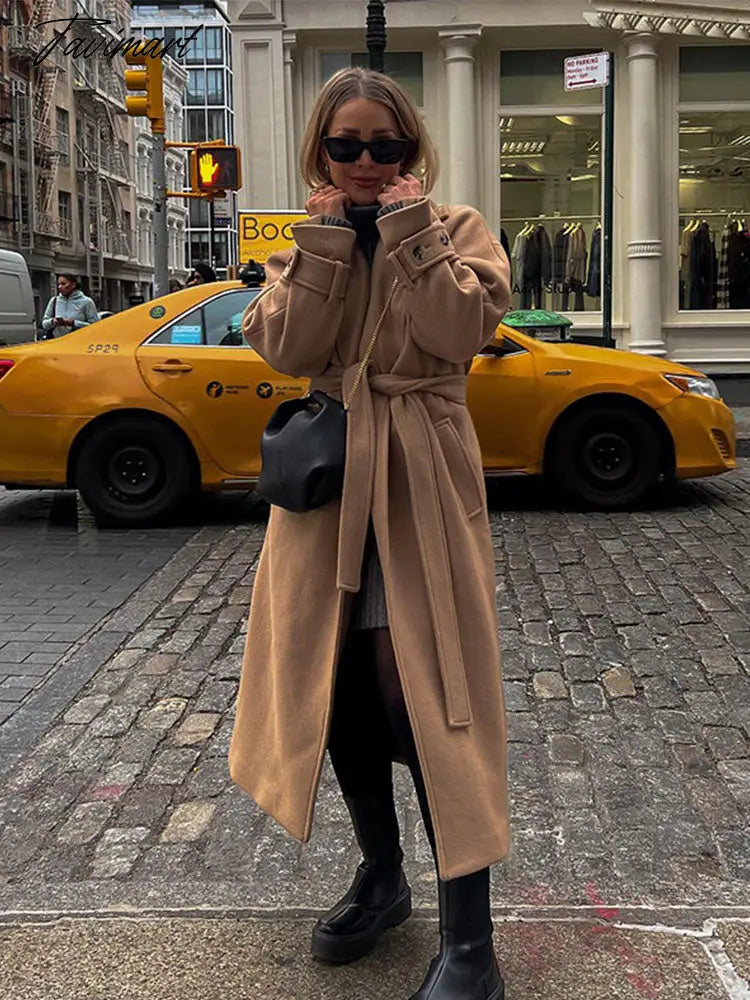 Retro Lapel With Belt Overcoat Women Elegant Long Sleeve Pocket Jacket Spring And Autumn Ladies Casual Warm Long Coat