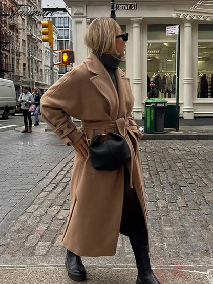 Retro Lapel With Belt Overcoat Women Elegant Long Sleeve Pocket Jacket Spring And Autumn Ladies Casual Warm Long Coat