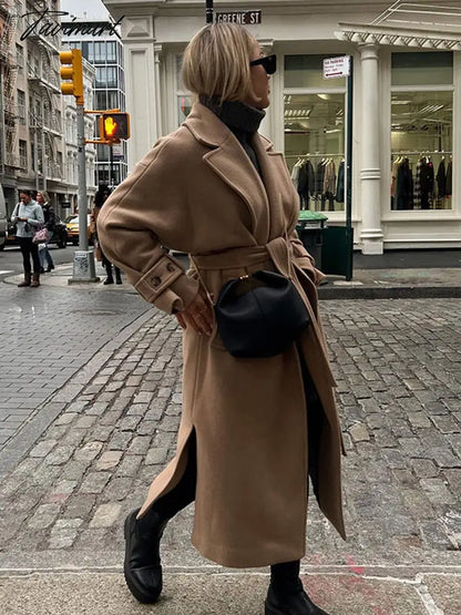 Retro Lapel With Belt Overcoat Women Elegant Long Sleeve Pocket Jacket Spring And Autumn Ladies Casual Warm Long Coat