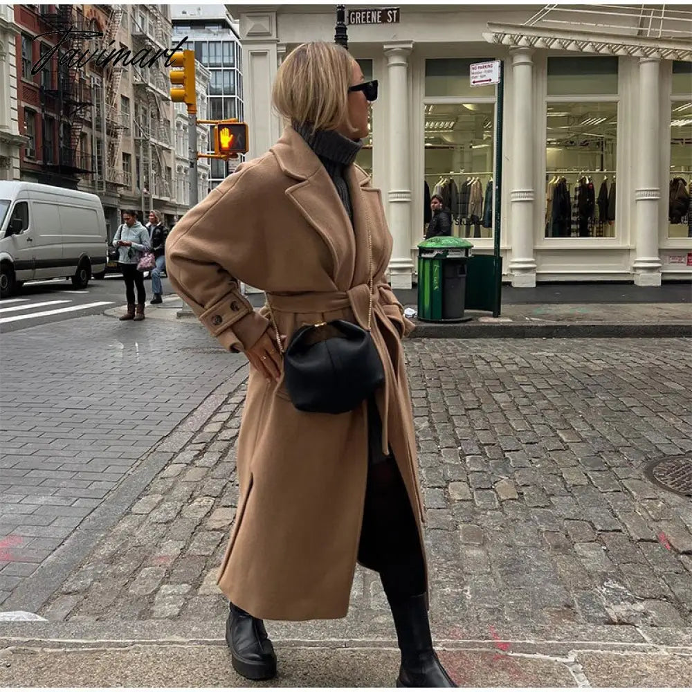 Retro Lapel With Belt Overcoat Women Elegant Long Sleeve Pocket Jacket Spring And Autumn Ladies Casual Warm Long Coat