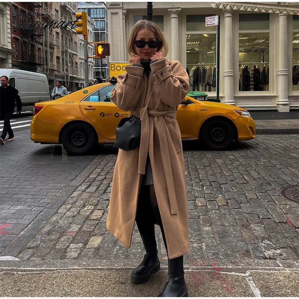 Retro Lapel With Belt Overcoat Women Elegant Long Sleeve Pocket Jacket Spring And Autumn Ladies Casual Warm Long Coat