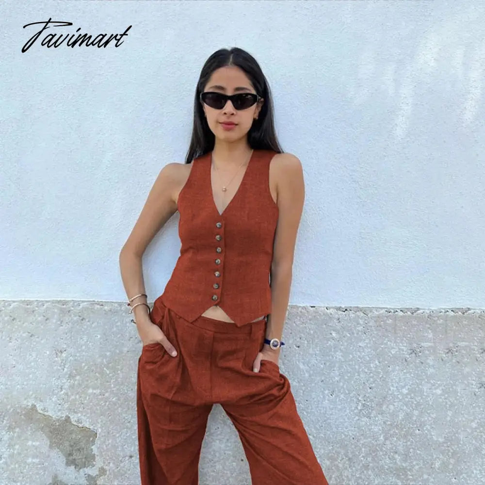 Retro Linen Women'S Suits Women Blue Sleeveless Button Up Vest Tops + Wide Leg Pants Sets 2 Pieces Outfits Ensemble Femme