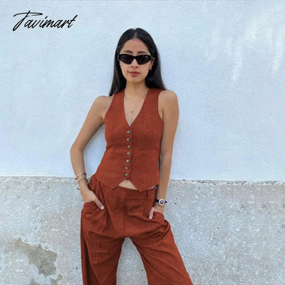 Retro Linen Women'S Suits Women Blue Sleeveless Button Up Vest Tops + Wide Leg Pants Sets 2 Pieces Outfits Ensemble Femme
