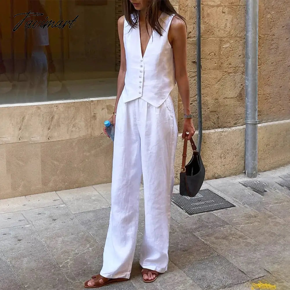 Retro Linen Women'S Suits Women Blue Sleeveless Button Up Vest Tops + Wide Leg Pants Sets 2 Pieces Outfits Ensemble Femme