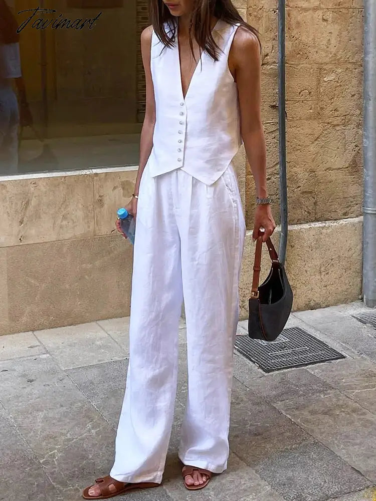 Retro Linen Women'S Suits Women Blue Sleeveless Button Up Vest Tops + Wide Leg Pants Sets 2 Pieces Outfits Ensemble Femme