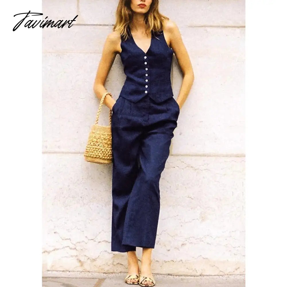Retro Linen Women'S Suits Women Blue Sleeveless Button Up Vest Tops + Wide Leg Pants Sets 2 Pieces Outfits Ensemble Femme