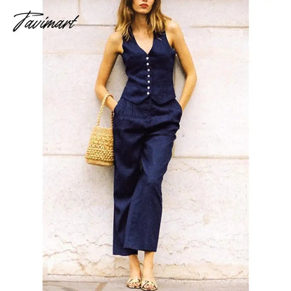 Retro Linen Women'S Suits Women Blue Sleeveless Button Up Vest Tops + Wide Leg Pants Sets 2 Pieces Outfits Ensemble Femme