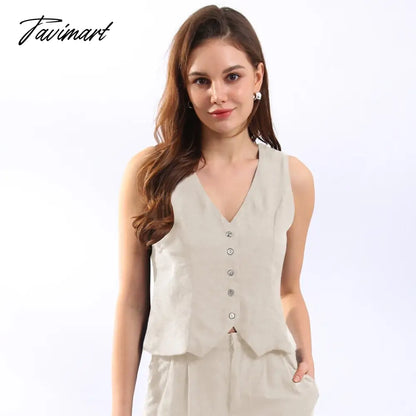 Retro Linen Women'S Suits Women Blue Sleeveless Button Up Vest Tops + Wide Leg Pants Sets 2 Pieces Outfits Ensemble Femme
