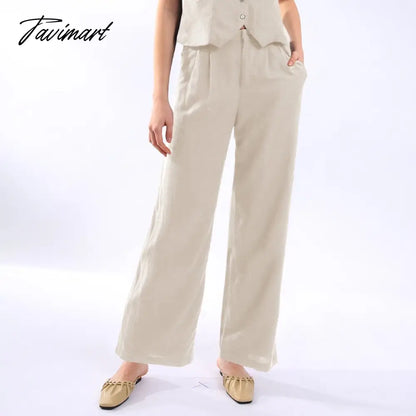 Retro Linen Women'S Suits Women Blue Sleeveless Button Up Vest Tops + Wide Leg Pants Sets 2 Pieces Outfits Ensemble Femme