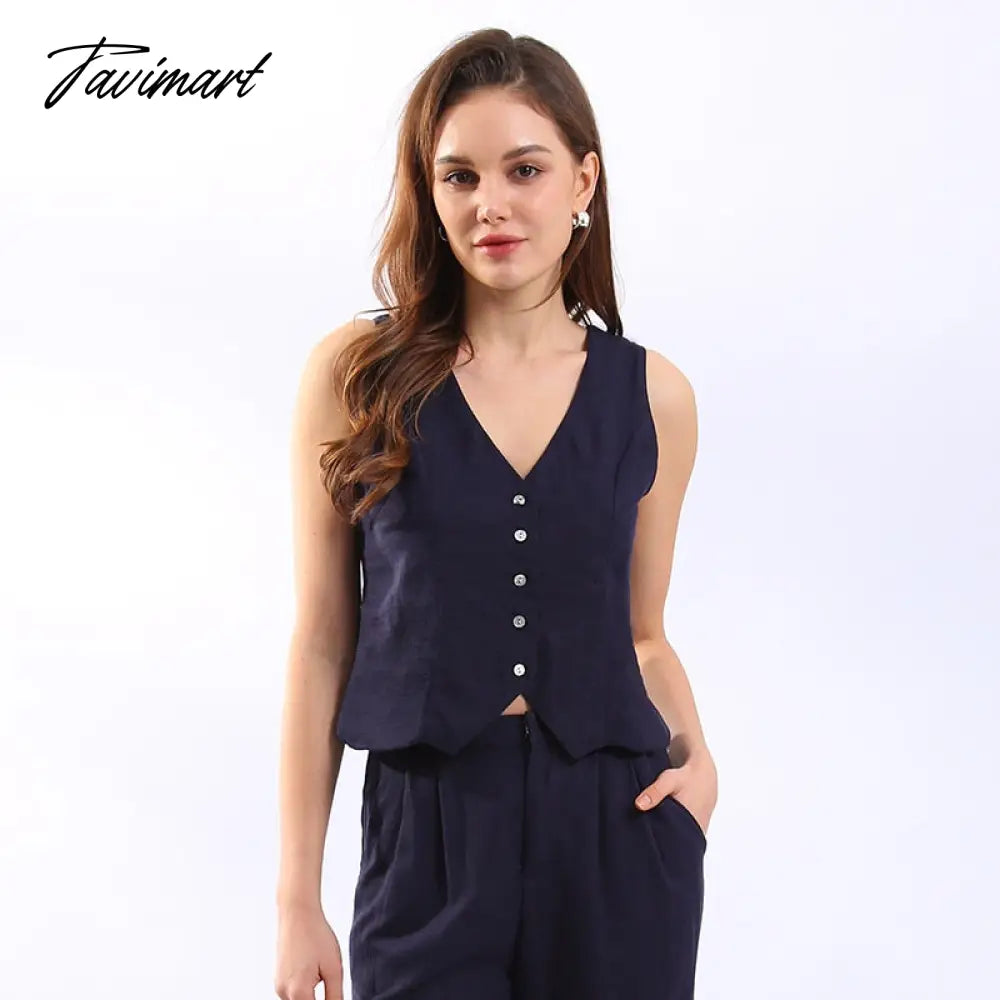 Retro Linen Women'S Suits Women Blue Sleeveless Button Up Vest Tops + Wide Leg Pants Sets 2 Pieces Outfits Ensemble Femme