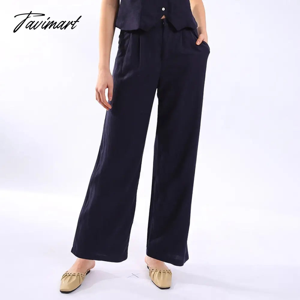Retro Linen Women'S Suits Women Blue Sleeveless Button Up Vest Tops + Wide Leg Pants Sets 2 Pieces Outfits Ensemble Femme