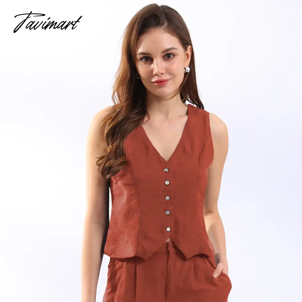 Retro Linen Women'S Suits Women Blue Sleeveless Button Up Vest Tops + Wide Leg Pants Sets 2 Pieces Outfits Ensemble Femme