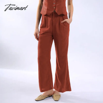 Retro Linen Women'S Suits Women Blue Sleeveless Button Up Vest Tops + Wide Leg Pants Sets 2 Pieces Outfits Ensemble Femme