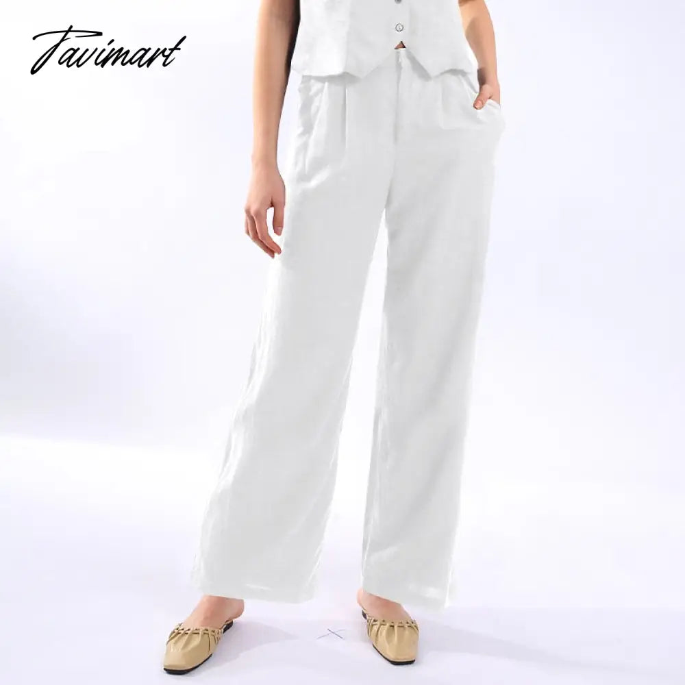 Retro Linen Women'S Suits Women Blue Sleeveless Button Up Vest Tops + Wide Leg Pants Sets 2 Pieces Outfits Ensemble Femme