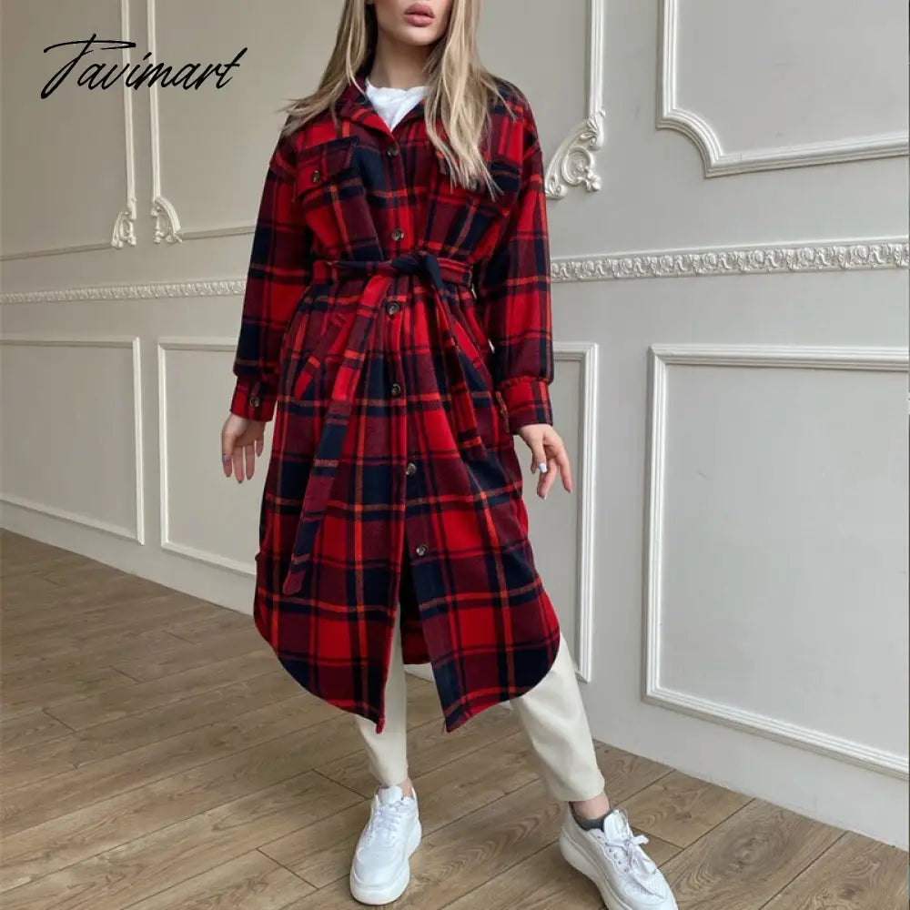 Retro Plaid Print Coat Ladies Casual Long Sleeve Lapel Single Breasted Woolen Coats Women Loose Lace Up Asymmetrical Jacket