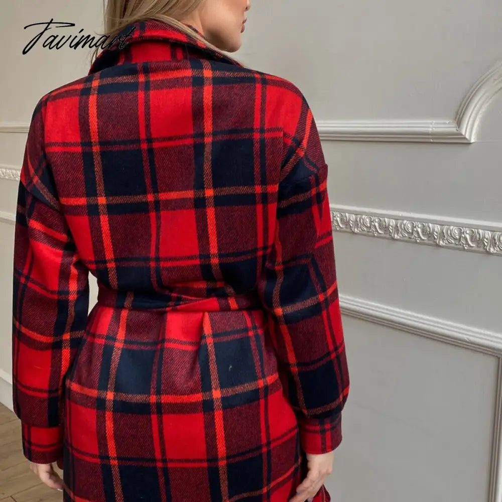 Retro Plaid Print Coat Ladies Casual Long Sleeve Lapel Single Breasted Woolen Coats Women Loose Lace Up Asymmetrical Jacket
